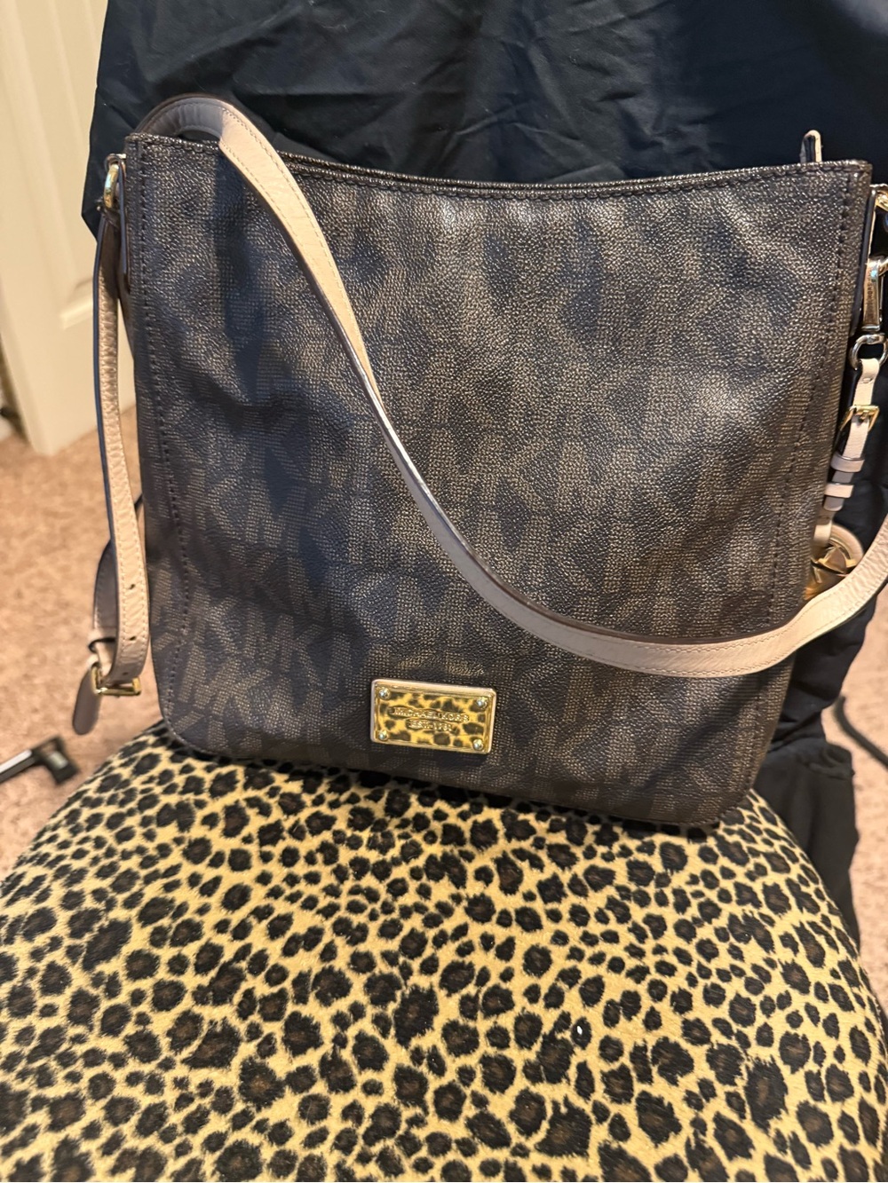 Michael Kors Brown Logo Crossbody with Light Beige Strap and Gold Plaque